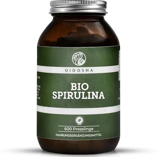 QIDOSHA® Bio Spirulina Tabletten, 600 Stk/Glas, 500mg/Pressling, 4000mg/Tagesportion, aus nachhaltiger Mikroalgen-Kultivierung mit Bio-Zertifizierung, deutsche Fertigung, jede Charge laborgeprüft