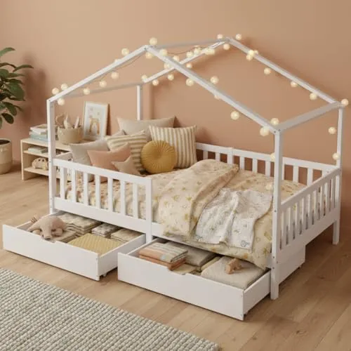 Bellabino Bia Kinderbett 120x200 cm – Hausbett mit Rausfallschutz, Lattenrost & 2 Schubladen – Montessori Kinder Bett aus Massivholz Kiefer – Schubladenbett für Jungen und Mädchen mit Stauraum in Weiß