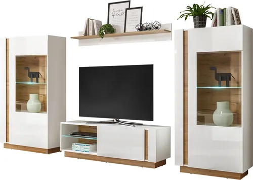 Moderne Wohnwand CELLE-61 in Weiß Glanz mit LED-Vitrinen - Stylische Wohnwand in Weiß Glanz und Grandson Oak, inkl. 2 LED-Vitrinen. Ideal für ein elegantes Wohnzimmer mit hochwertiger Verarbeitung und Soft-Close-Türen.