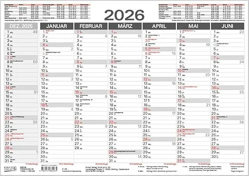 Tafelkalender A4 2026: 14 Monate mit Feiertagen von Korsch Verlag