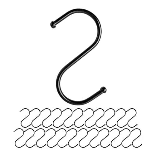 S-Haken zum Einhängen, 24 Stück, in Schwarz, Metallhaken für bis Ø 25 mm Stangen, Länge 68 mm, S Haken für Küche, Kleiderstange, Garage, Topf, Pfanne, Tasse, Hängehaken, Küchenhaken, Doppelhaken Set