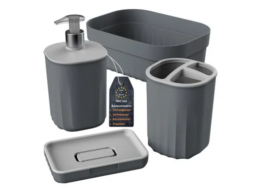 Engelland Badaccessoire-Set Badezimmer-Set, 4-teilig, bestehend aus Seifenspender, Seifenschale, Zahnbürstenhalter & Organizer, Vorteils-Set, 4 tlg., 4-teilig, modernes Design, robuster Kunststoff, BPA-frei, Rillen-Optik