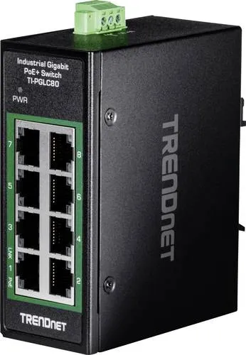 TRENDnet 8-Port Industrial Gigabit PoE+ Switch - Robuster Netzwerk-Switch mit 8 Ports, ideal für industrielle Anwendungen und unterstützt Power over Ethernet für flexible Installationen.