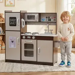 Baby Vivo Kinderküche Toni in Braun - Spielmöbel für kreative Kinder, aus hochwertigem Holz mit integrierter Tafel - ideal für das Nachahmen von Kochabenteuern und fördert spielerisch die Kreativität.