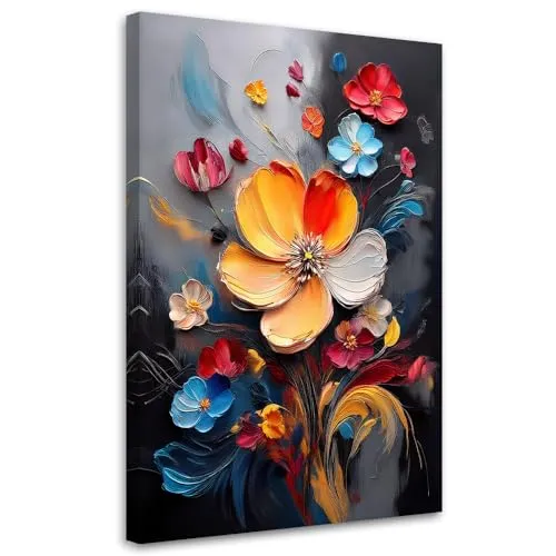 Feeby Leinwand Bilder - Bild Wohnzimmer - Bunte Gemalte Blumen - 40x60 1tlg - Deko Schlafzimmer Groß - Dekoration Canvas - Gemälde - Modern Wandbilder - Kunstdruck
