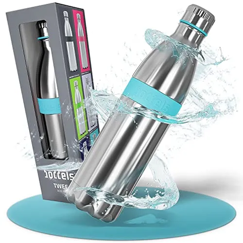boddels Trinkflasche Twee 800 ml türkisblau - Auslaufsicher und Bruchsicher - Trinkflaschen: Die doppelwandige Edelstahlflasche hält Getränke bis zu 24 Stunden kalt und ist ideal für Outdoor-Aktivitäten. Mit rutschfester Silikonbanderole für sicheren Halt!