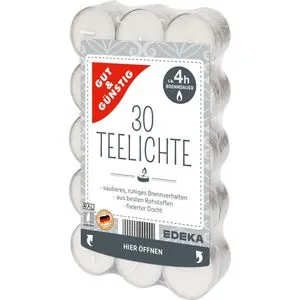 GutundGünstig Teelichter weiß, Ø 38 mm, Höhe 20 mm, 4h Brenndauer, 30 Stück