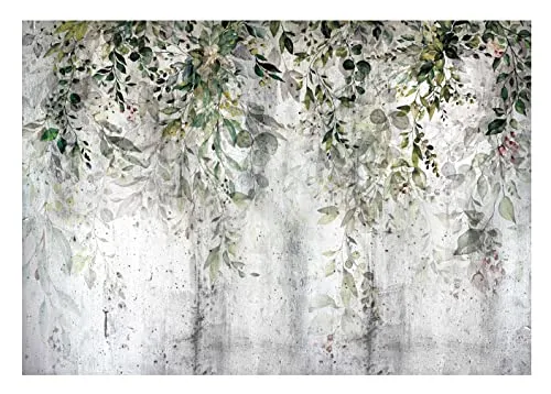 WallArena - Vlies Fototapete Blätter Grüne Pflanzen Natur Beton Vintage Retro 104x70 cm - Fototapeten Tapeten für Wohnzimmer Schlafzimmer Vliestapete Wandtapete Tapete 3D Effekt- inkl. Kleister