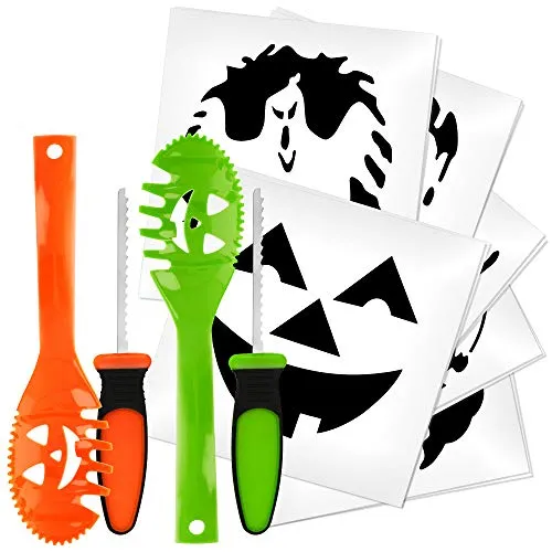 com-four® 2x hochwertiges Set zum Aushöhlen von Kürbissen mit Kürbislöffel und gruseligen Schnitz-Vorlagen für Halloween (02 Stück - Löffel mit Vorlagen)