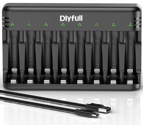 Dlyfull Ladegerät Batterien AAA AA, 8 Fach | Akku Ladegerät für NI-MH/NI-CD Mignon AA AAA mit LED Anzeige, USB-C Schnell Batterieladegerät für Wiederaufladbaren Batterien