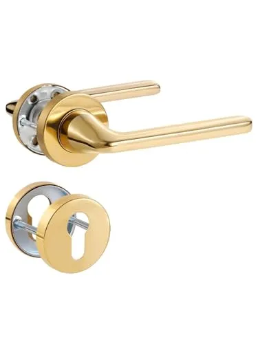 SORWDUERM Türgriff Pvd Gold Drückergarnitur, Edelstahl matt, Türklinke für Haustür und Innentür, L-Form, Rund-Rosette, PZ - Profilzylinder