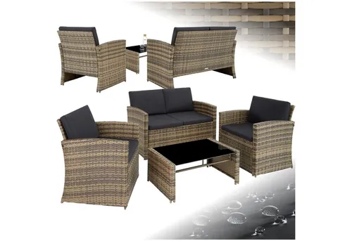 tectake Lounge Gartenmöbel Set Poly Rattan - 12-teiliges, wetterfestes Gartenmöbel Set mit komfortablem Sofa, Sesseln und Tisch für 4 Personen – ideal für entspannte Stunden im Freien.