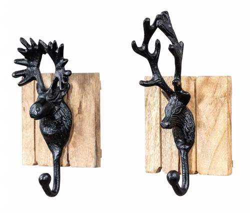 Levandeo® Garderobenhaken 2er Set - Hirsch Deko Wandhaken - Kleiderhaken Set aus edlem Holz und Metall, mit rustikalem Hirsch Design. Ideal zur stilvollen Aufbewahrung und Dekoration in jedem Raum.