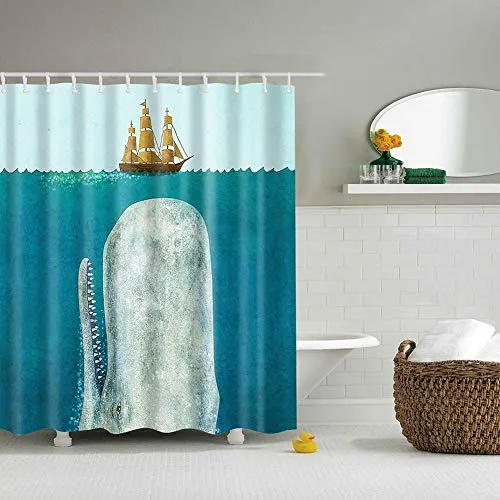 Boyouth Duschvorhänge mit Wasserfarben-Blauwal und Segelboot, Digitaldruck, für Badezimmer, Dekoration, Polyester, wasserdichter Stoff, mit 12 Haken, 180 x 180 cm, mehrfarbig