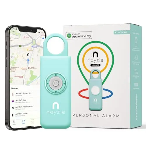 Noyzie Personenalarm für Frauen mit GPS-Tracker – finde geliebte Menschen über Apple „Wo ist?“ App – USB-ladbarer 130dB Sicherheitsalarm, Bluetooth-Schlüsselfinder & Batterieanzeige Mintfarbenes GPS