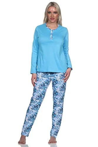 Normann Wunderbarer Damen Pyjama Schlafanzug mit Hose in floralem Print - auch in Übergrössen, Farbe:blau, Größe:60-62