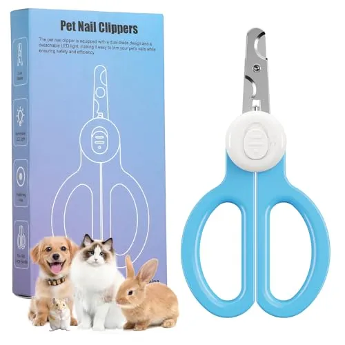 Euqvunn Krallenschere Katzen, Professional Krallenschere Kaninchen mit Doppelschneide und LED Beleuchtung, für Kätzchen, Kaninchen, Meerschweinchen, Welpen, Mittlere und Kleine Tiere (Blau Weiß)