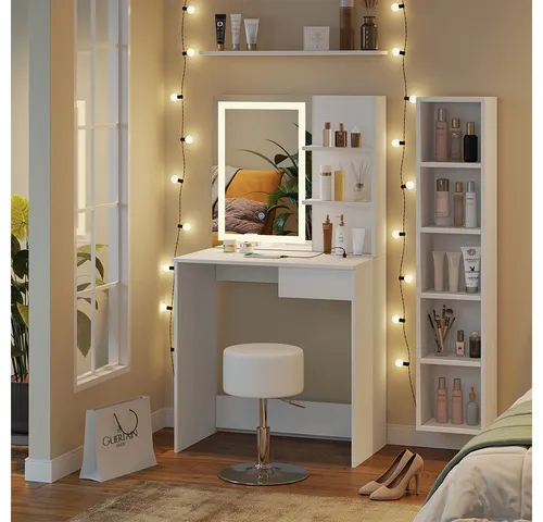 Vicco Schminktisch Dekos mit LED-Spiegel und QI-Ladegerät - Schminktisch in Weiß mit integriertem LED-Spiegel und praktischem QI-Ladegerät für kabelloses Laden. Der Hocker ist höhenverstellbar und bietet Komfort beim Schminken.