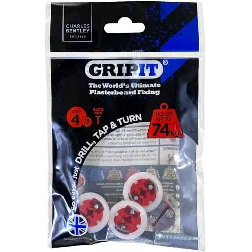 GripIt Rot 18 mm Gipskarton-Befestigungen für Ständerwände – Maximale Belastung 74 kg (4 Stück)