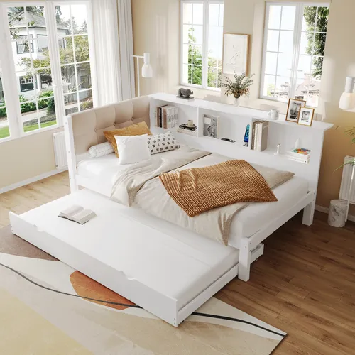 MODFU Daybett 90x200,Schlafsofa mit Ausziehbet&Regal,Holzbett mit LED-Leiste und USB-Anschluss,Ohne Matratze, Beige