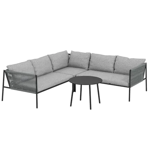 Outsunny Polyrattan Gartenmöbel Set - Vier-teiliges Lounge-Set für 6 Personen mit wetterfestem PE-Rattan und pulverbeschichtetem Stahlrahmen, bietet hohen Komfort durch dicke Kissen und ist ideal für jede Terrasse oder Balkon.