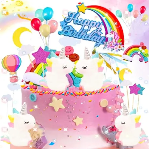 dcas 21 Stück Tortendeko Regenbogen Einhorn Kit, Einhorn Regenbogen Stern Herz Bunte Ballons Tortendeko, Kinderparty Regenbogen Kuchendekoration, Geeignet Für Kuchen, Muffins, Geburtstag