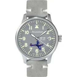 Messerschmitt ME-42BF108-M Fliegeruhr - Herrenuhr mit Geschichte - 43 mm Edelstahl - Schweizer 515 Quarz - graues Zifferblatt - hellgraues Lederband - Leuchtzeiger - Made in Germany