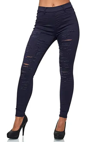 Elara Damen Hose High Waist Destroyed Look Chunkyrayan A89-1 Dunkelblau-34 (XS)
