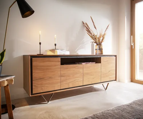 DELIFE Sideboard Stonegrace 175 cm aus Akazie mit Steinfurnier - Elegantes Kommoden-Design aus hellem Akazienholz und dunklem Steinfurnier, ideal für moderne Einrichtungsstile. Hochwertige Edelstahlfüße sorgen für Stabilität und einen leichten Look.