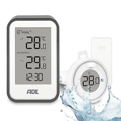 ADE Poolthermometer schwimmend | Funk Wasserthermometer für Pool, Whirlpool und Badewanne - Thermometer für Pool & Badewannen mit Sprudelfunktion, robust und wasserdicht nach IP67, mit präziser Temperaturanzeige und großer LCD-Anzeige für einfache Ablesbarkeit.