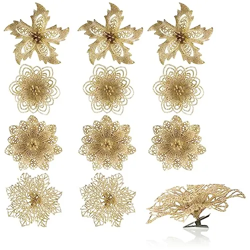 com-four® 12x Deko-Blume mit Clip - glitzernde Blüten zum Anklemmen - Blumenstecker als Raumdeko für Weihnachten und Valentinstag - [Auswahl variiert]