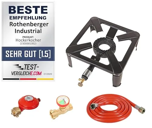 ROTHENBERGER Industrial Hockerkocher inkl. 1,5 m Propan-Gas-Schlauch & Propan-Konstantregler für Camping, Outdoor | mit Gas OFF zur automatischen Abschaltung & Anzeige Gasfüllstand