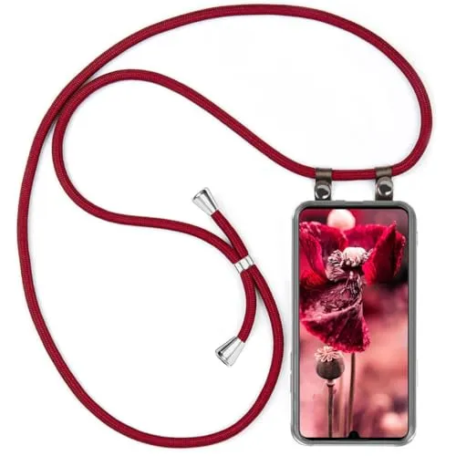 moex Handykette für Motorola Moto G8 Plus Hülle mit Band abnehmbar, Handyhülle mit Kette zum Umhängen, Handyband 155 cm lang Stoff Kordel Umhängehülle, Handy Umhängeband, Weinrot