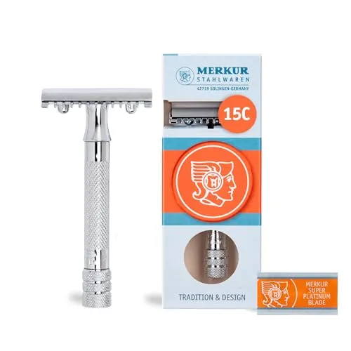 MERKUR Rasierhobel 15C | Klassiker mit Zahnkamm Glanzchrom | Dreiteiliger Rasierer mit geradem Schnitt | Offener Kamm | Ideal für Nassrasur | Zinkdruckguss | Messing Griffstück | Made in Germany