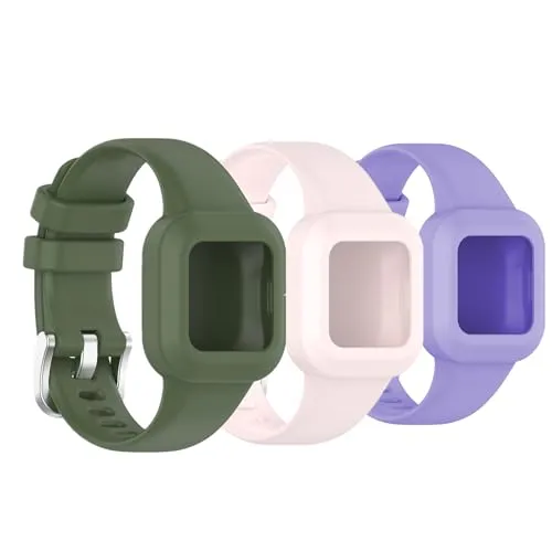 Huwokxix Silikonarmband für Garmin Fit JR 3/vivofit jr 3, Verstellbares Sportarmband, Ersatzband,Austauschband (Grün + Pink + Lila)