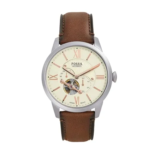 Fossil Herren Analog Automatik Uhr ME3266 mit Leder Armband - Elegante Armbanduhr für Herren mit 44-mm-Gehäuse und Saphirglas, wasserdicht bis 50 m – ideal für stilbewusste Männer, die hochwertige Zeitmesser schätzen.