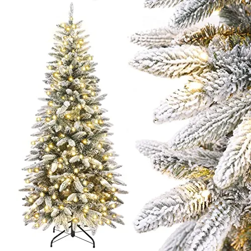 Yorbay Künstlicher Weihnachtsbaum - Slim Tannenbaum 180 cm mit LED Beleuchtung, stilvolles Design und Schneeflocken für festliche Weihnachten-Dekoration