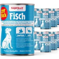 Supravit Nassfutter für Hunde mit Fisch & Lachs, 12 x 410g - Leckeres Nassfutter für Hunde aus 100 % natürlichen Zutaten. Getreidefrei und ohne Soja, ideal für empfindliche Hunde. Schonend verarbeitet für eine schmackhafte und nahrhafte Mahlzeit.