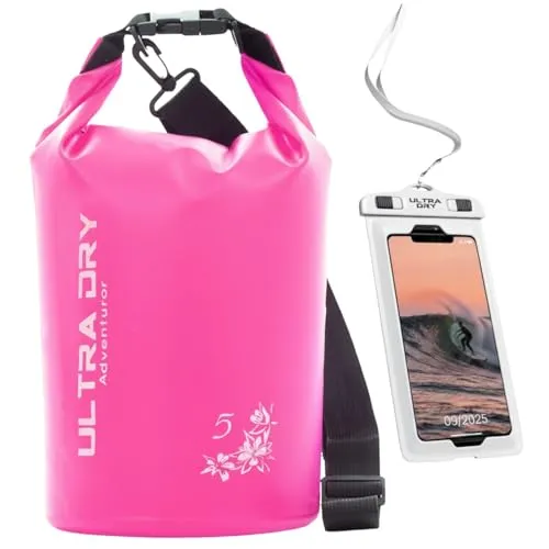 Wasserdichte Premium-Tasche, Sack mit Handy-Trockentasche und langem, verstellbarem Schultergurt, perfekt für Kajakfahren/Bootfahren/Kanufahren/Angeln/Rafting/Schwimmen/Camping/Snowboarden (Rosa, 5L)