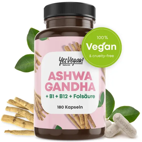 Ashwagandha Kapseln (180 Stück) hochdosiert mit Ashwagandha hochdosiert, Vitamin B12 B1 B6