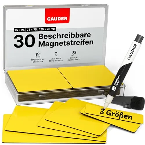 GAUDER Magnetetiketten beschreibbar - Wiederverwendbare Magnetschilder zum Beschriften für Whiteboard, Tafel, Kanban-Board und Kühlschrank - Magnetkarten mit Marker (30 Stück - 3 Größen)