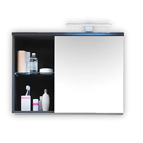 Stella Trading GREY Spiegelschrank Bad mit LED-Beleuchtung in Grau mit Glasfront-Badezimmerspiegel Schrank mit viel Stauraum, Glas, 69 x 58 x 25 cm