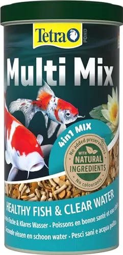 Tetra Pond Multi Mix - Fischfutter für gemischten Besatz im Teich, enthält vier verschiedenen Futtersorten (Flockenfutter, Futtersticks, Gammarus, Wafer), 1 L Dose