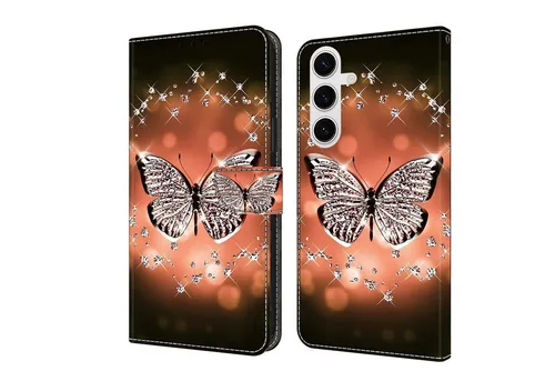 CLM-Tech Handytasche für Samsung Galaxy A16 / A17 5G Hülle aus Kunstleder Klapphülle (Schmetterling Diamanten Muster, Handyhülle mit Standfunktion - Wallet Flip Case inklusive Kartenfächer), Cover mit Magnetverschluss