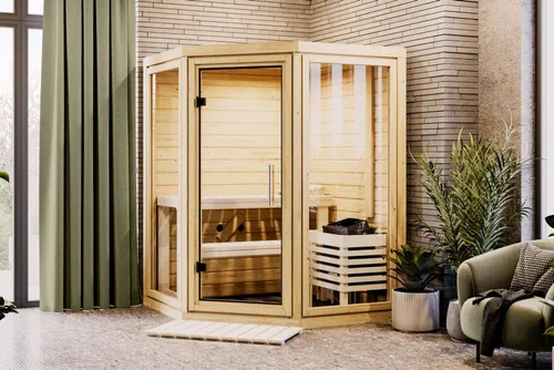 Karibu Sauna Innensauna Yuma Eckeinstieg mit 9 kW Ofen