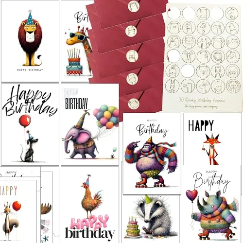 Geburtstagskarten mit Umschlägen und Holzsiegeln, 30 Stück