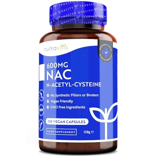 NAC N-Acetyl-Cystein 600mg – 150 Vegane Kapseln – 5 Monate Versorgung mit NAC-Ergänzung – Hohe Bioverfügbarkeit – Keine synthetischen Füllstoffe & Bindemittel – Hergestellt von Nutravita*