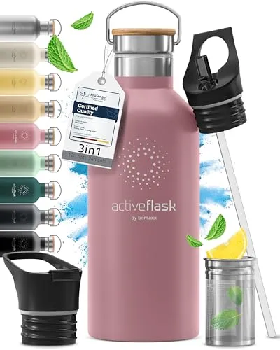 Trinkflasche Edelstahl mit Strohhalm, Infuser + 3 Deckel: BPA-frei, Auslaufsicher, Kohlensäure geeignet - Wasserflasche Fahrrad Thermosflasche Isoliert Isolierflasche Sport Wasser Flasche Kinder Tee