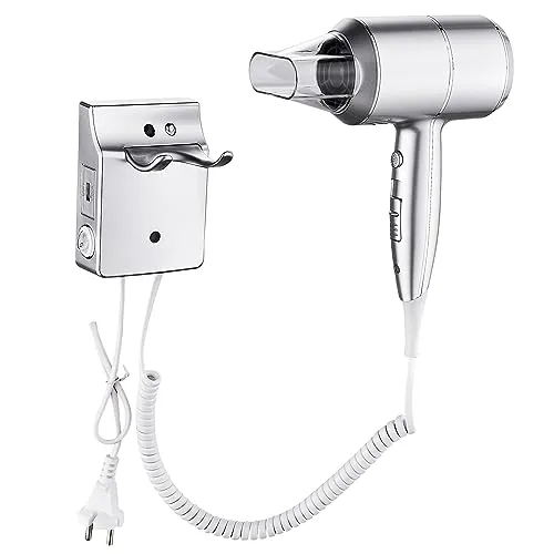 Produktbild QL Haartrockner Ionen mit Wandhalterung und USB-Steckdose,Föhn mit ThermoProtect Technologie 2000watt,für Hotel Haus,Silber
