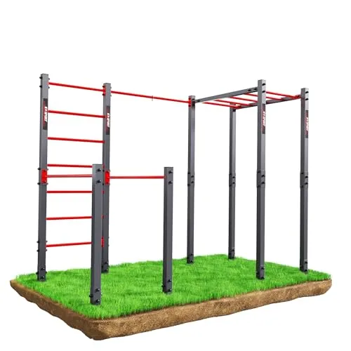 K-Sport Calesthenics Turnstange für den Garten - Klimmzugstangen: Wetterfeste Kraftstation für bis zu 150 kg, ideal für Muskelaufbau und Ausdauertraining mit verstellbarer Dip-Stange und Boxsack-Haken.